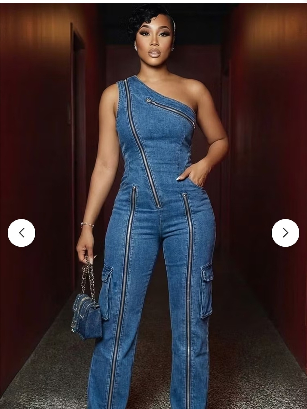 One-Shoulder Blue Denim Jumpsuit with Zip Detail